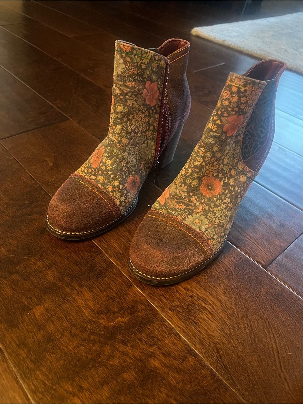 Spring Step Floral Suede Cap Toe Ankle Boots - Brown Multicolor